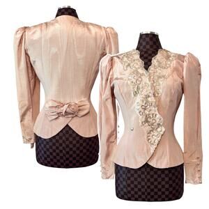 Jessica McClintock Bridal Pink Satin Blazer Size 10 Victorian Sequin Lace Vtg